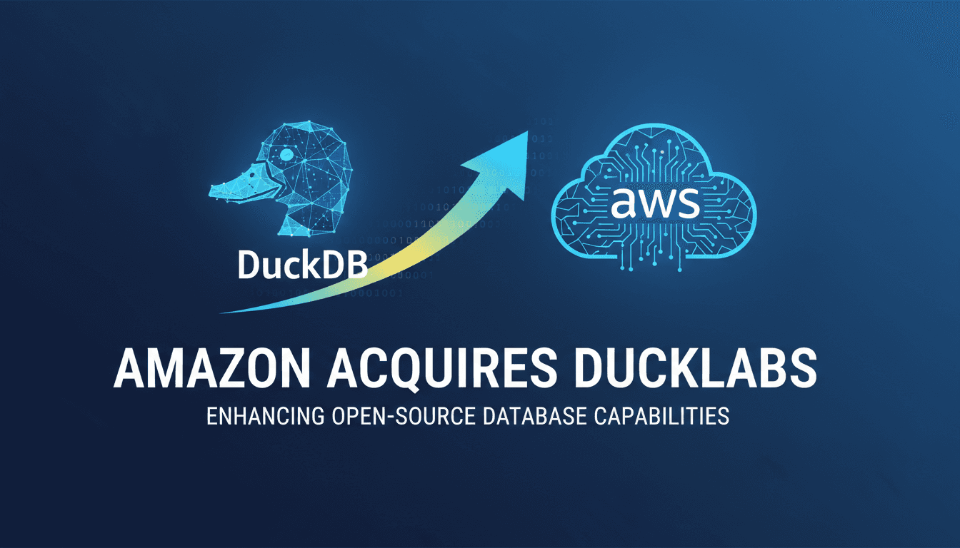 Amazon and DuckLabs logos with a focus on the DuckDB open-source database acquisition.