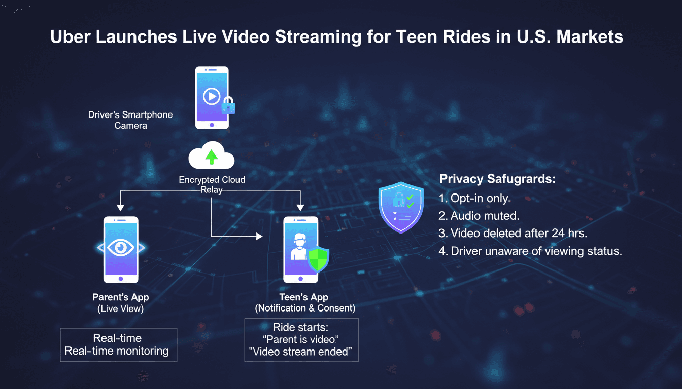 An infographic showing Uber's live video feature for teen rides, highlighting safety and privacy measures.