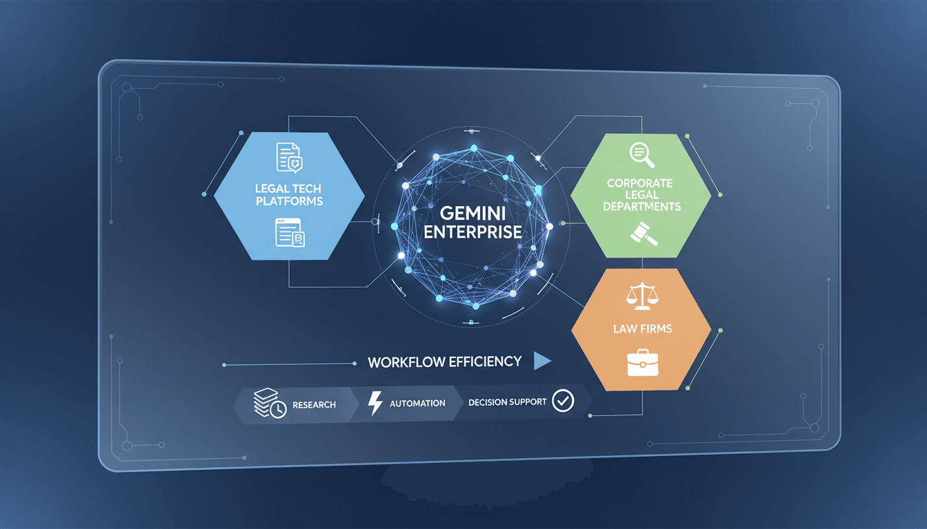 Infographic showing Google Cloud's Gemini Enterprise for Legal integration with legal tech platforms and workflow efficiency.