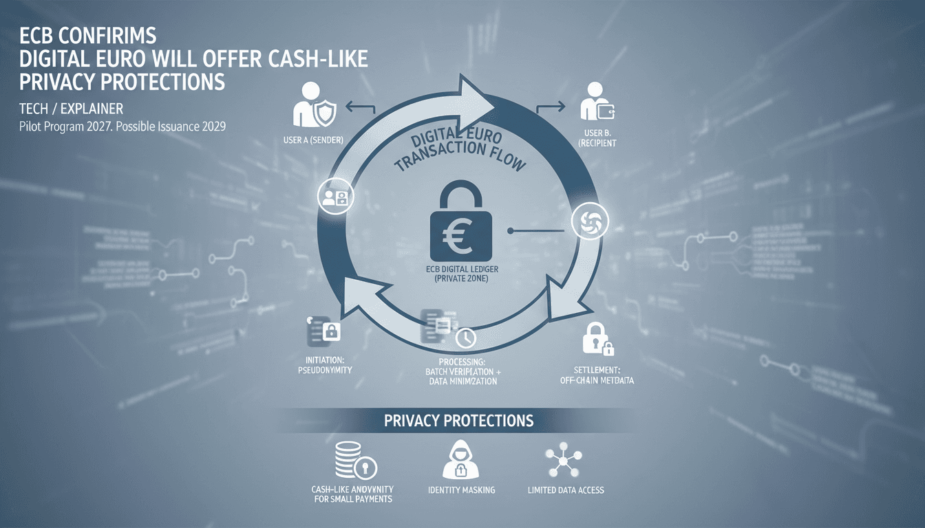 Infographic showing transaction flow and privacy protections in the ECB's digital euro system.