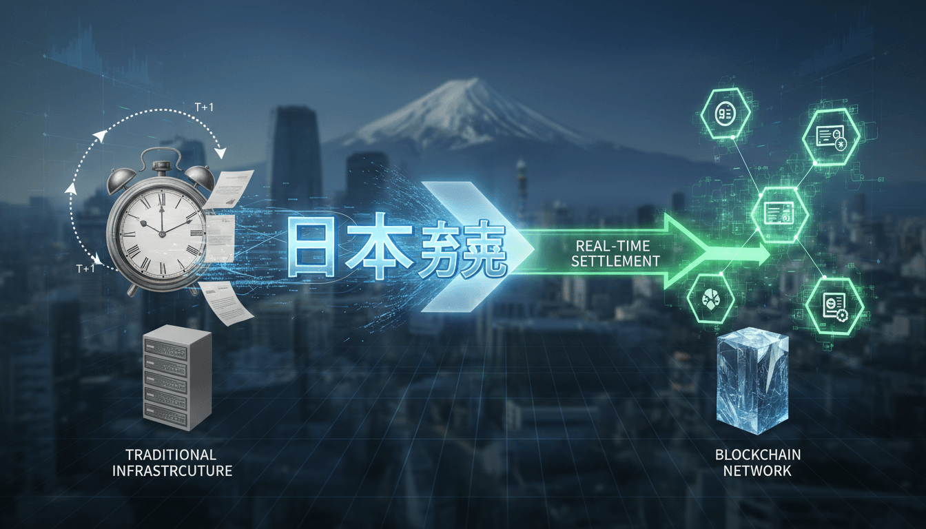 Infographic showing Japan's transition to blockchain-based settlement for stocks and bonds.