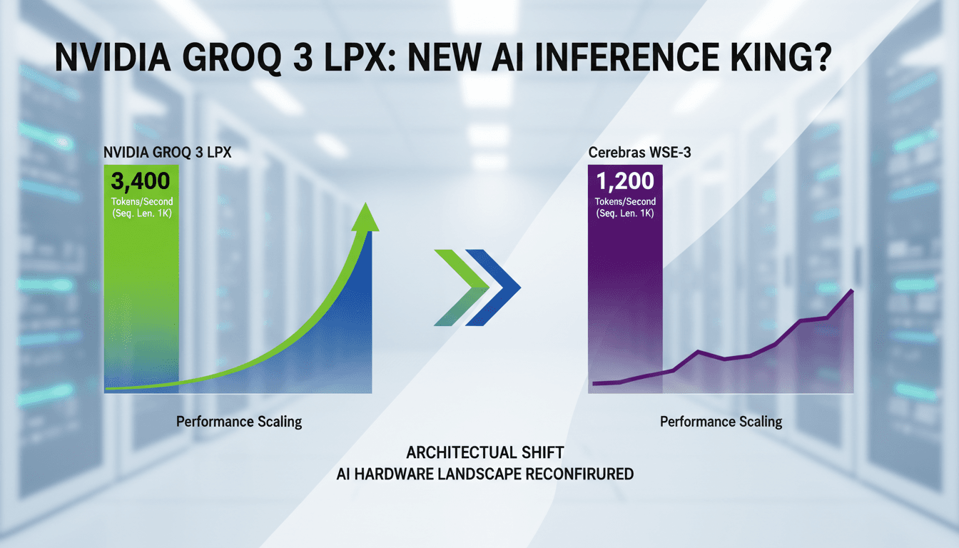 A visual comparison of Nvidia's Groq 3 LPX and Cerebras systems showcasing AI inference speed metrics.