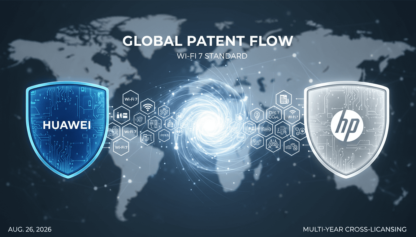 Infographic showing Huawei and HP's Wi-Fi patent deal and its impact on technology standards.