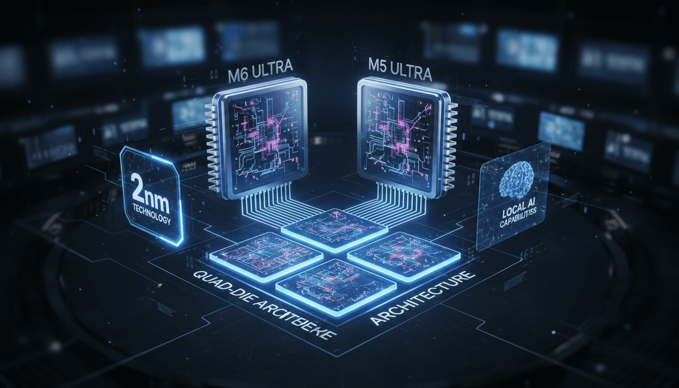Apple M6 and M5 Ultra processors with specifications and performance highlights.