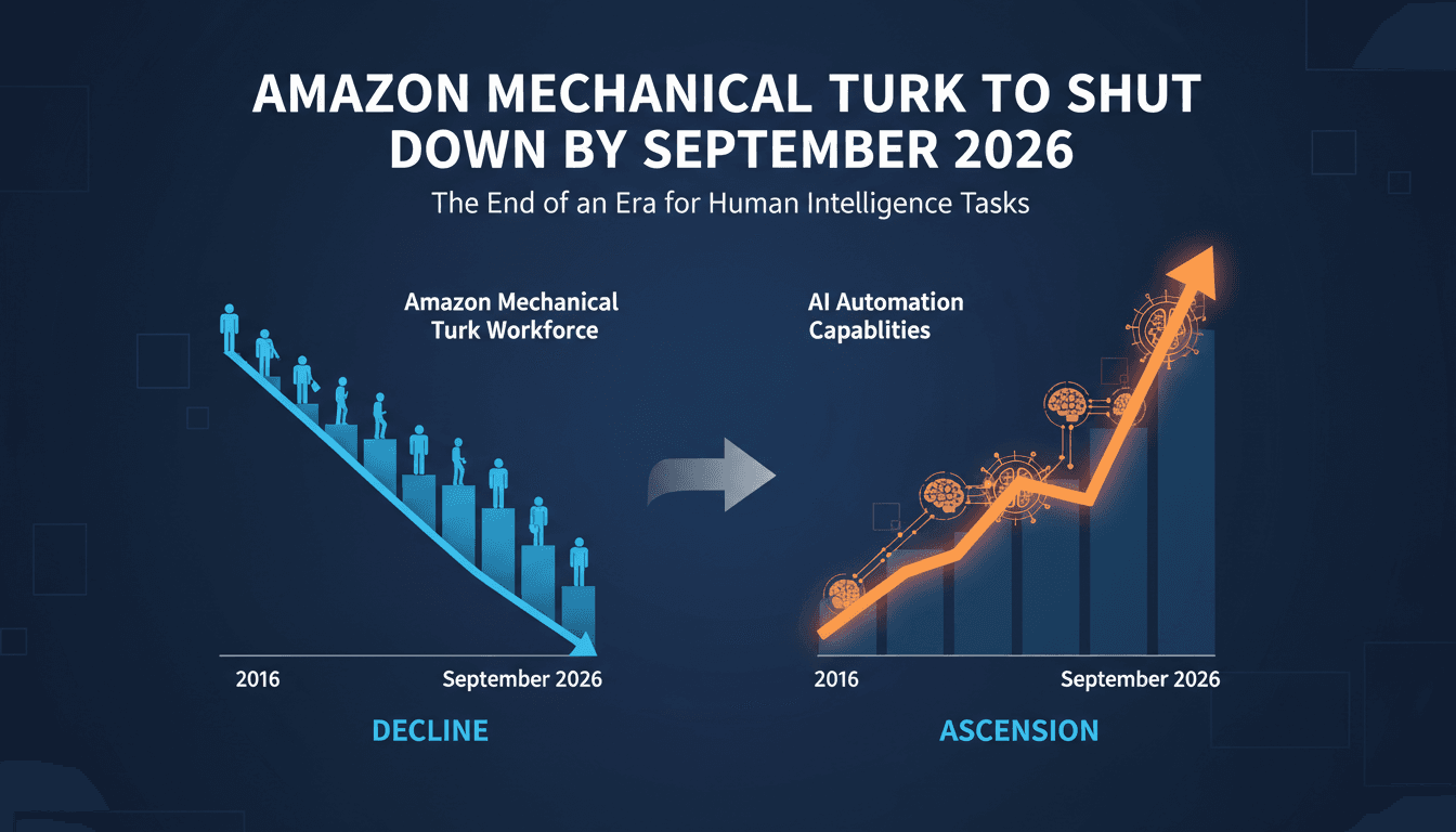 Infographic showing the decline of Amazon Mechanical Turk's workforce and the rise of AI capabilities in task automation.