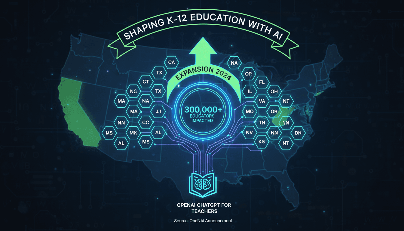 Infographic showing OpenAI's ChatGPT for Teachers expansion to 55 US school districts, impacting over 300,000 educators.