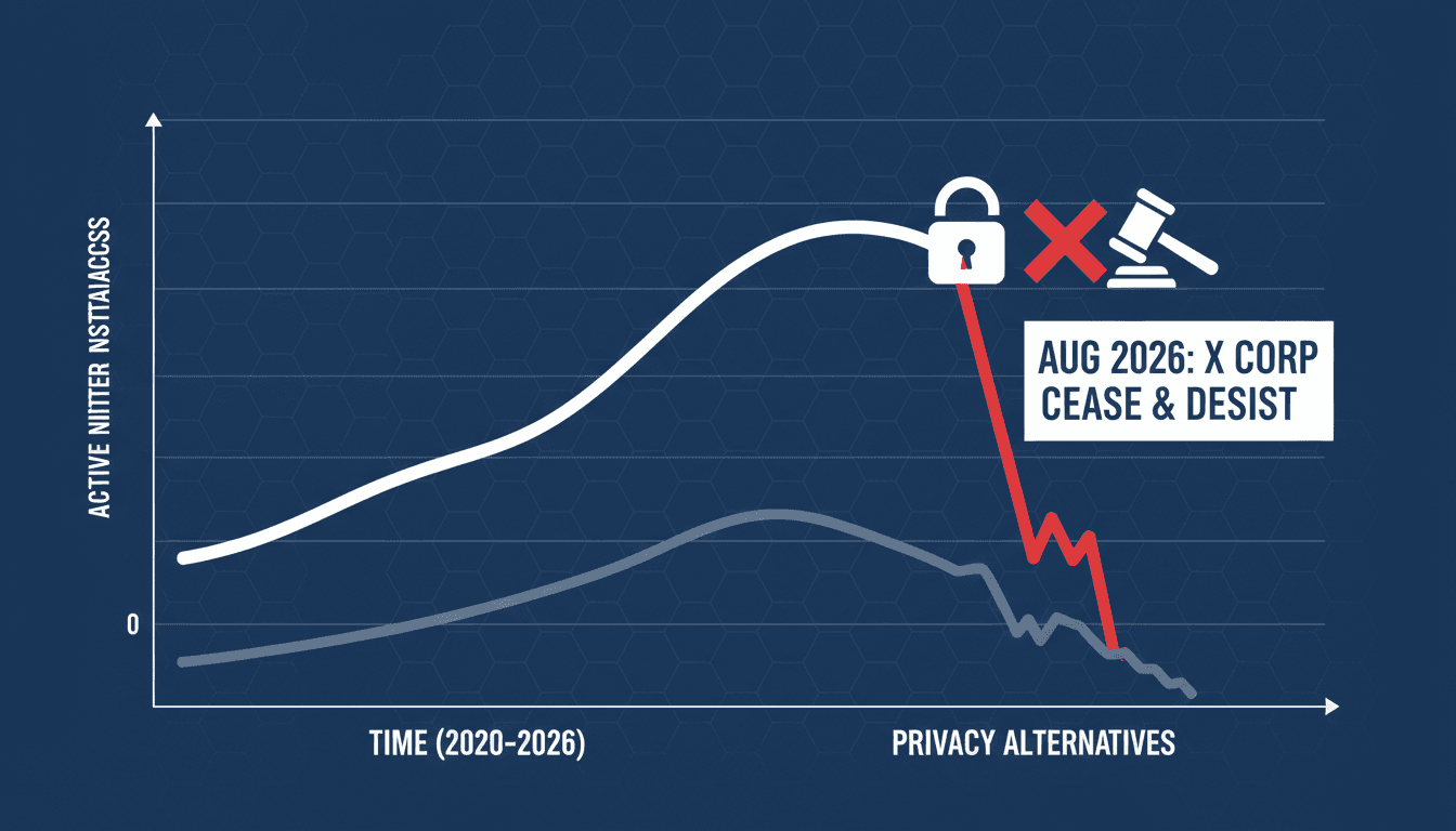 Infographic showing the rise and fall of Nitter instances due to X Corp's legal actions.
