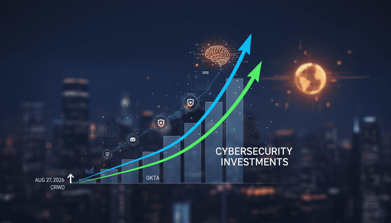 A chart showing the surge in cybersecurity stocks following earnings reports from Okta and CrowdStrike, highlighting AI's impact.