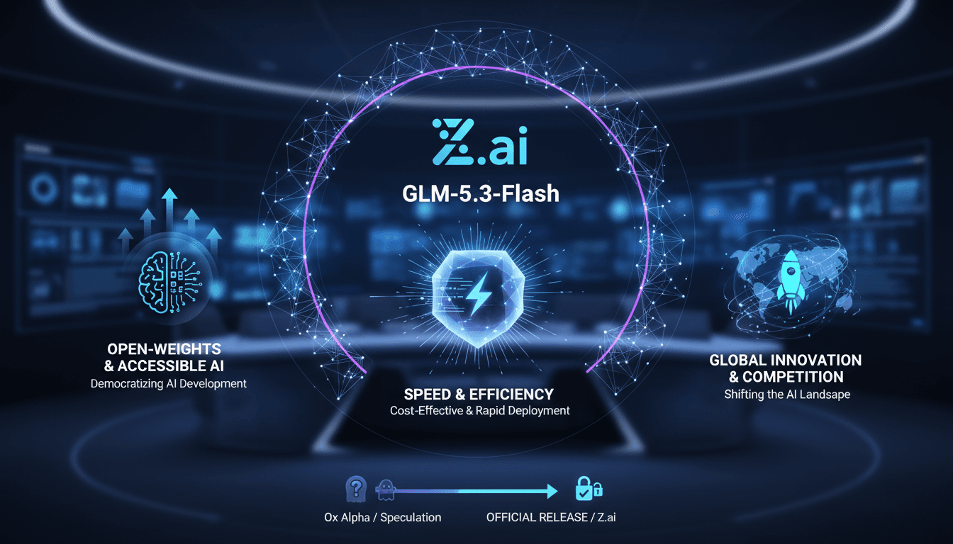 Infographic detailing Z.ai's GLM-5.3-Flash model features and its impact on AI accessibility.