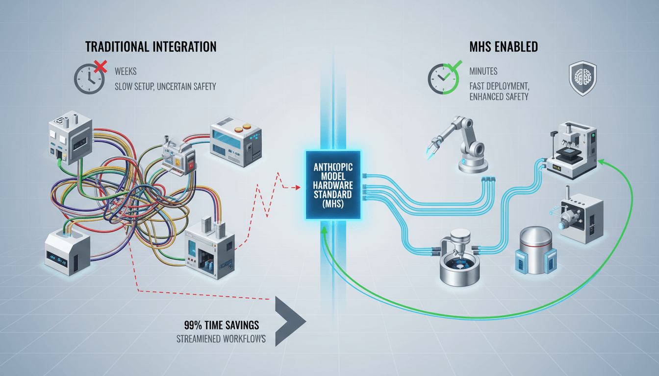 Infographic showing the benefits of Anthropic's Model Hardware Standard for AI agents controlling machines.