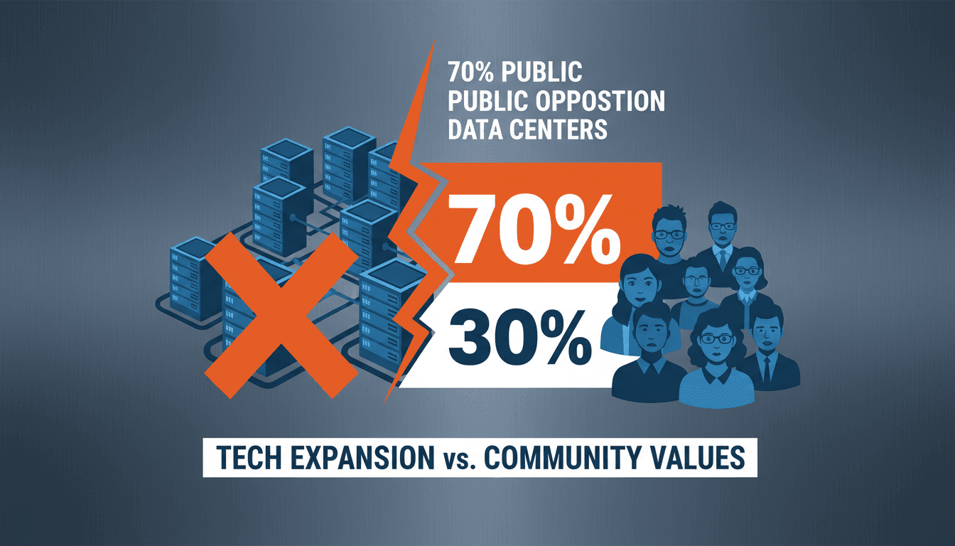 Infographic showing 70% public opposition to data centers, highlighting community concerns over AI infrastructure.