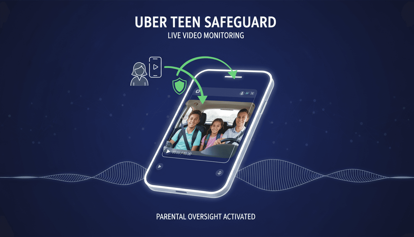 An image showing a smartphone displaying Uber's live video streaming feature for teen rides, emphasizing safety and parental oversight.