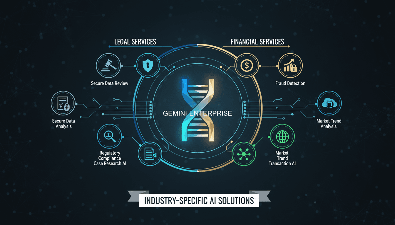 Infographic detailing Google Cloud's Gemini Enterprise features for legal and financial services.