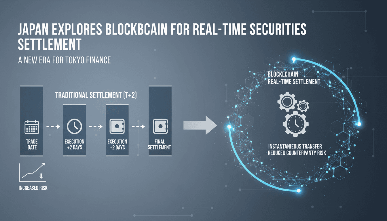 Infographic showing Japan's transition to blockchain for near-instant securities settlement.