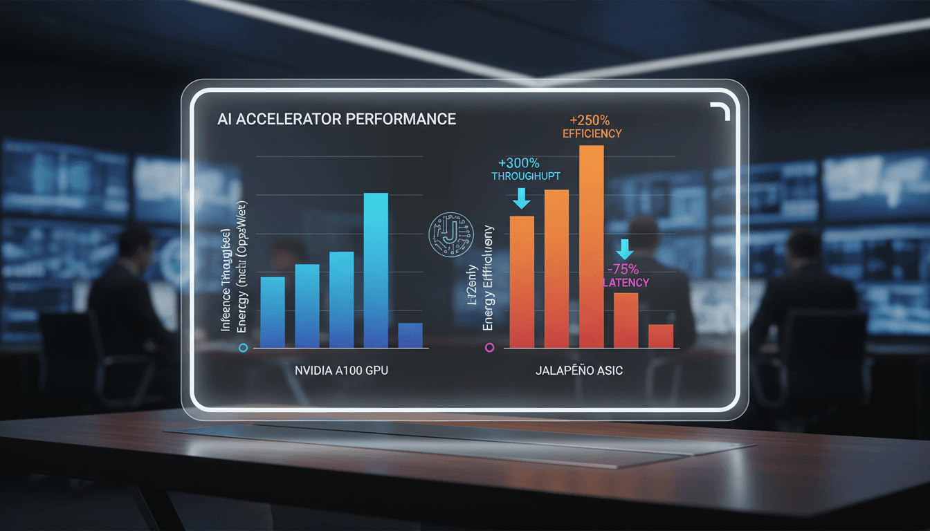 A visual comparison of OpenAI's Jalapeño AI accelerator performance against Nvidia systems, highlighting efficiency gains.