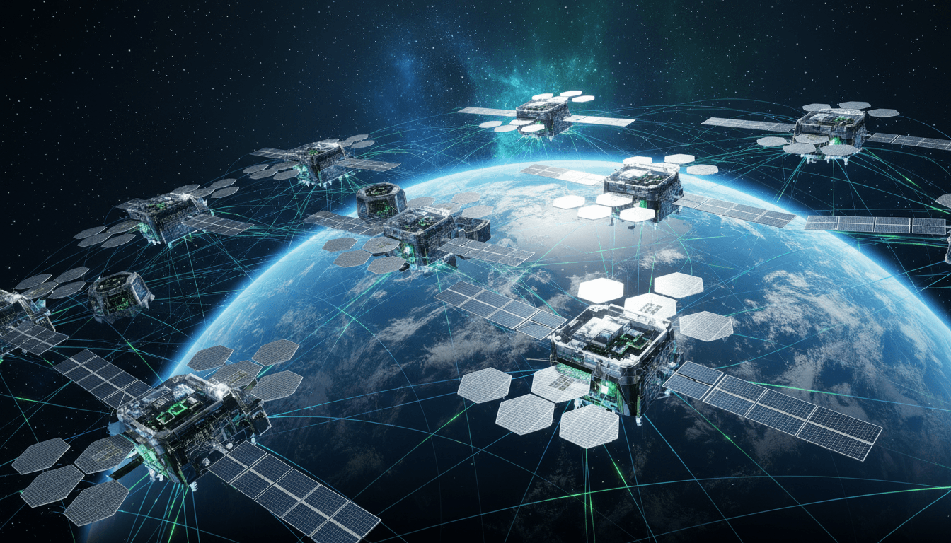 Conceptual diagram of SpaceX's Starmind satellite constellation showcasing NVIDIA chip integration and solar arrays.