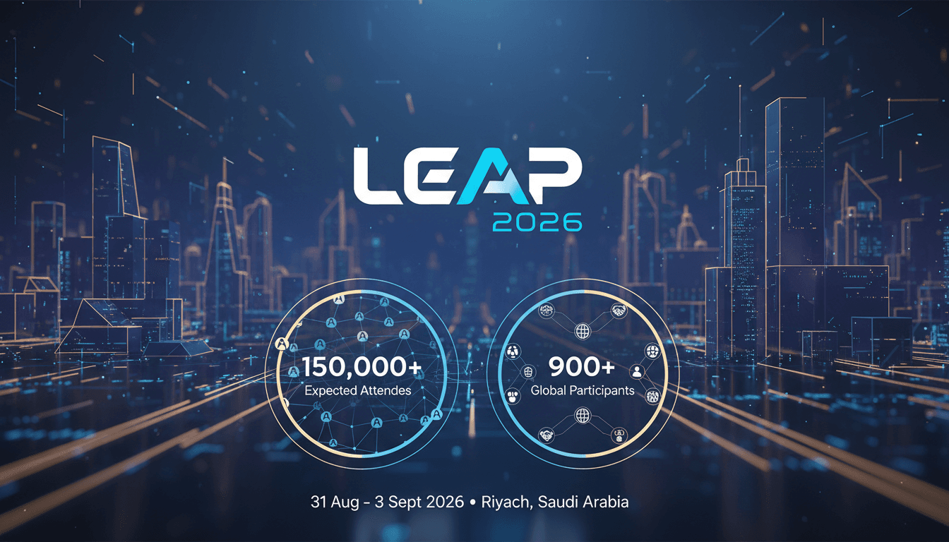 A vibrant visual of the LEAP 2026 conference logo with statistics on global participation and investment opportunities.