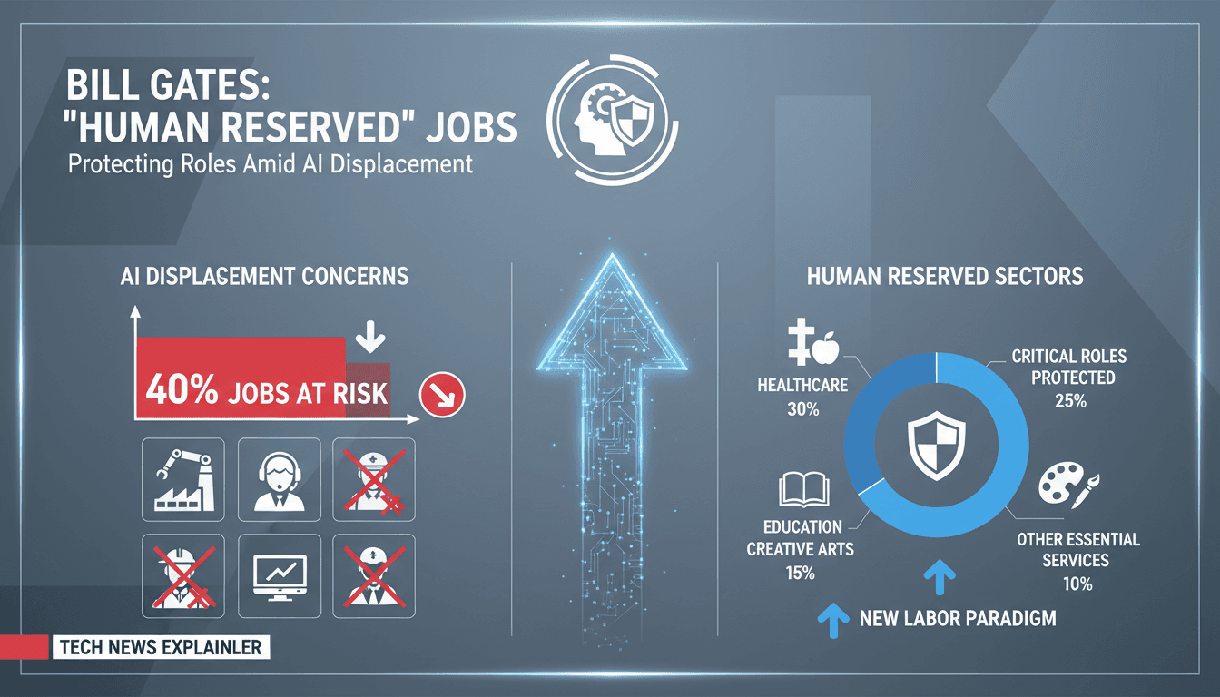 Infographic showing the impact of Bill Gates' 'Human Reserved' jobs proposal on employment sectors and job security.