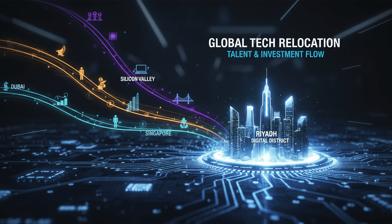 An infographic showing the impact of the Riyadh Digital District on global tech talent and investment flows.