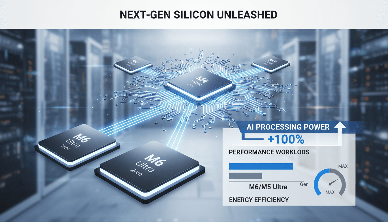 Infographic comparing Apple M6 and M5 Ultra processors, showcasing their AI processing capabilities and performance metrics.