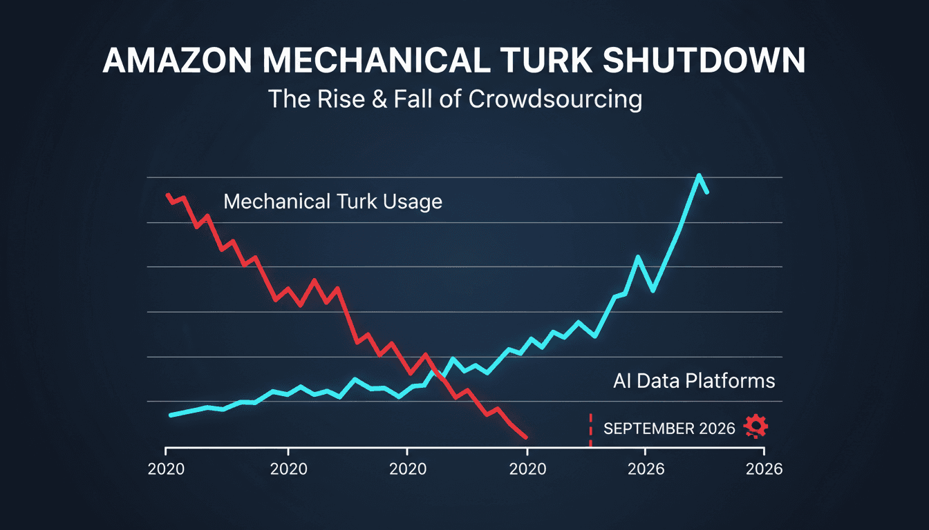 A visual representation of Amazon's Mechanical Turk platform shutting down, highlighting the impact on gig workers and businesses.