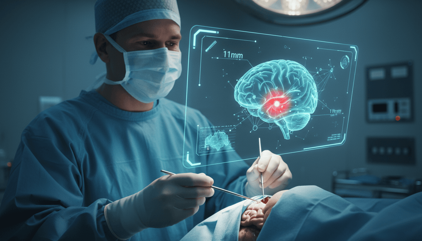 Surgeons performing AI-assisted brain surgery, showcasing advanced medical technology and precision.