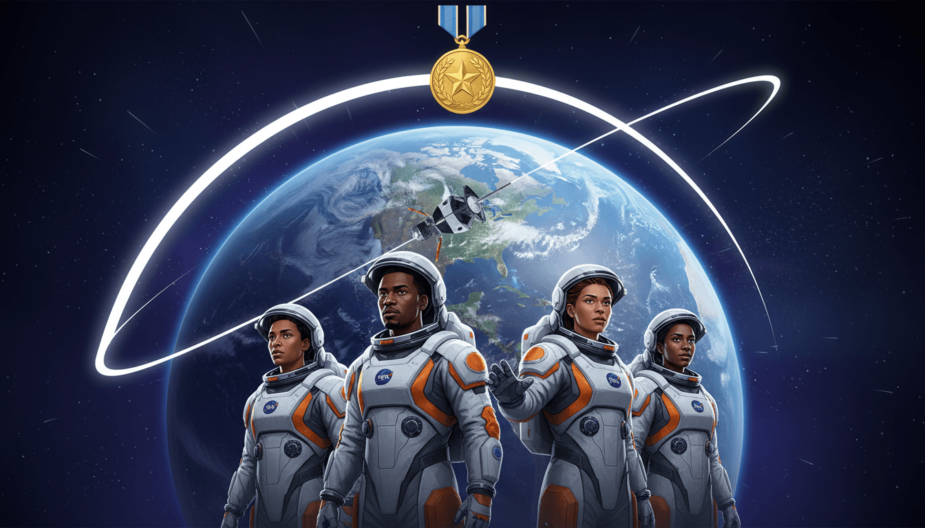 President Trump presenting the Congressional Space Medal of Honor to the Artemis II crew at NASA's Johnson Space Center.