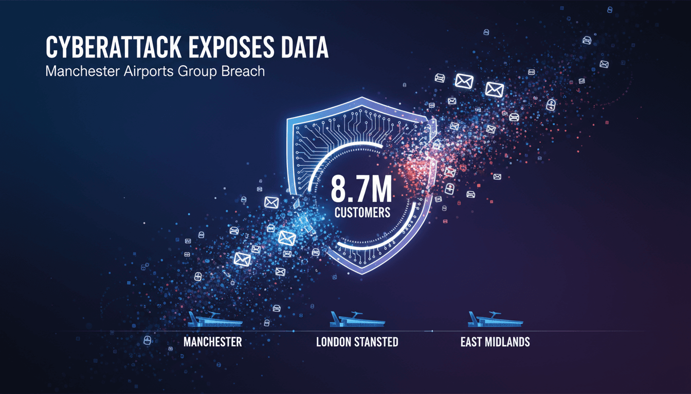 Infographic illustrating the Manchester Airports Group cyberattack and its impact on customer data security.