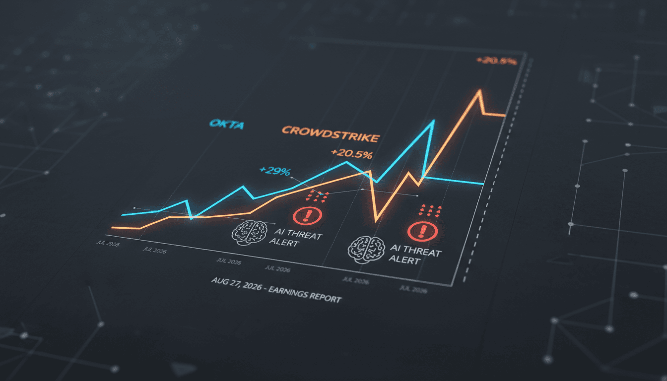 Stock price chart showing the surge of Okta and CrowdStrike following AI-driven earnings reports.