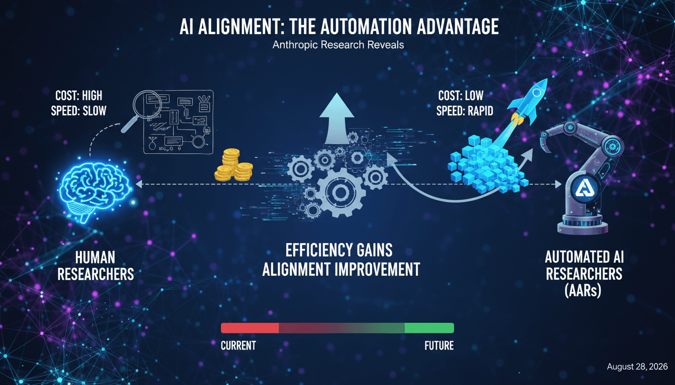 Infographic comparing costs and efficiency of automated AI alignment researchers versus human researchers.