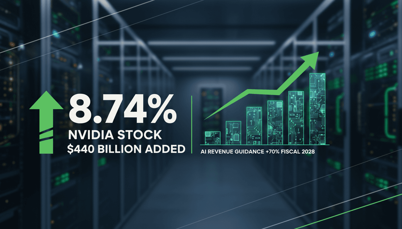 Nvidia stock price increase with revenue figures and AI growth context.