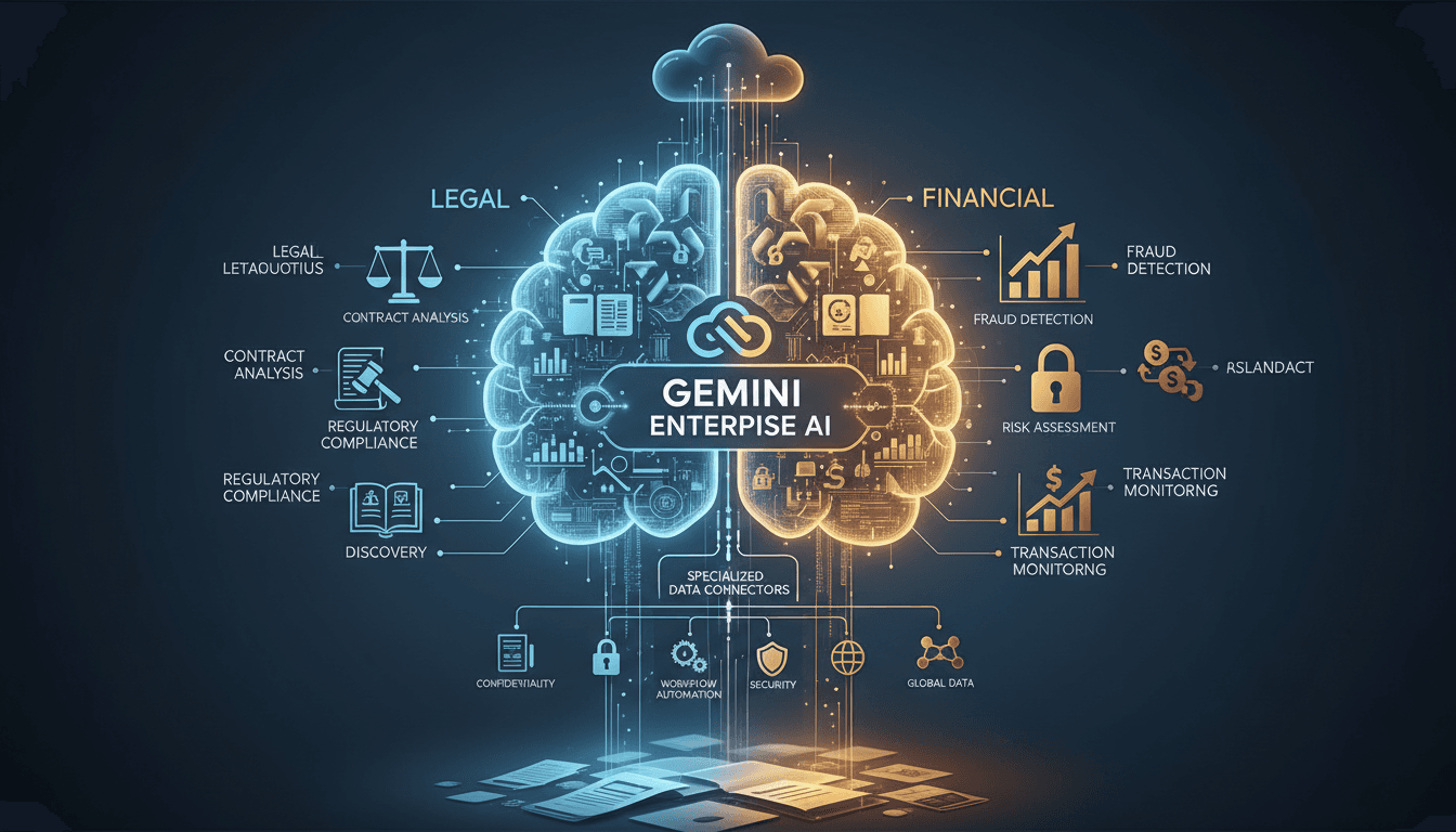 Infographic showing Google Cloud's Gemini Enterprise features for legal and financial services.