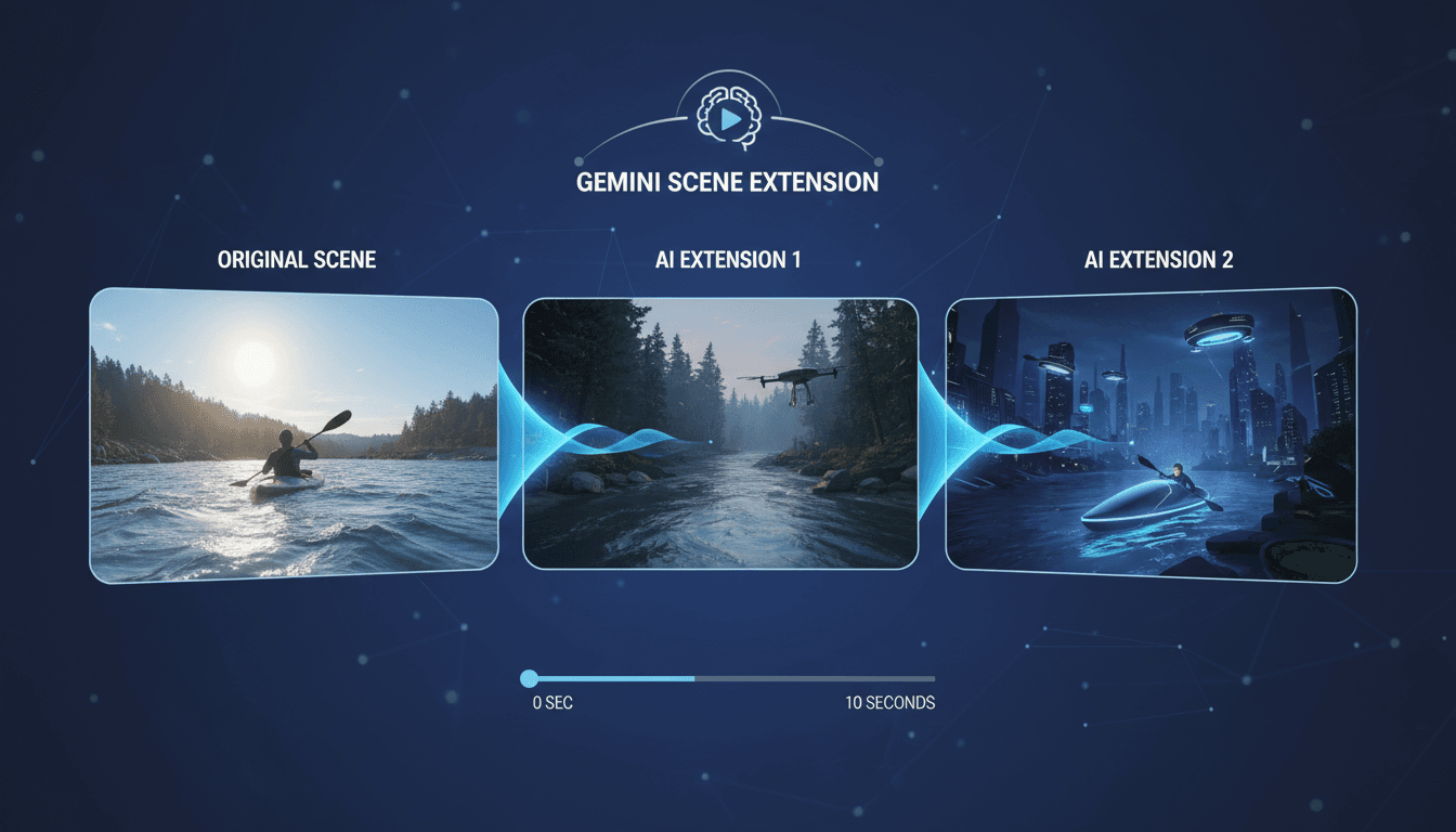 Infographic showing Google Gemini Scene Extension features and benefits for video creators.