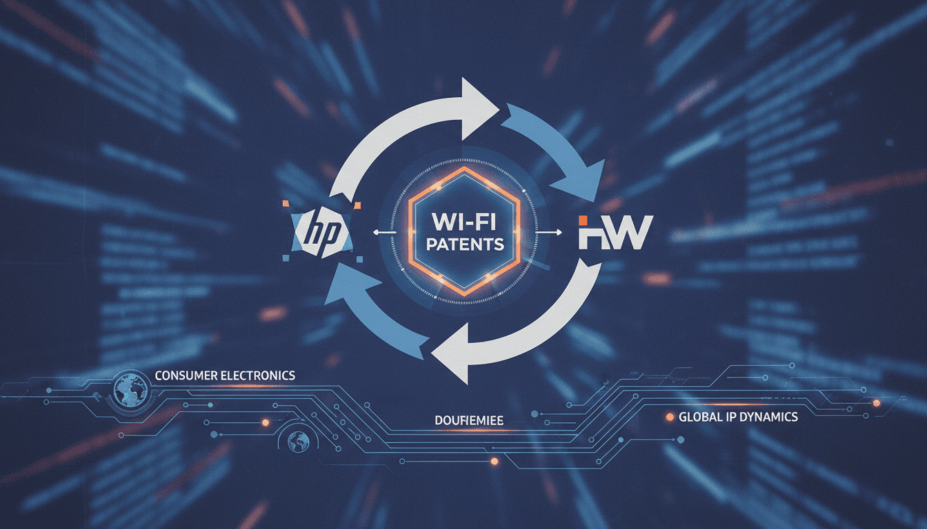 Infographic showing HP and Huawei's patent cross-licensing agreement and its impact on Wi-Fi technology.