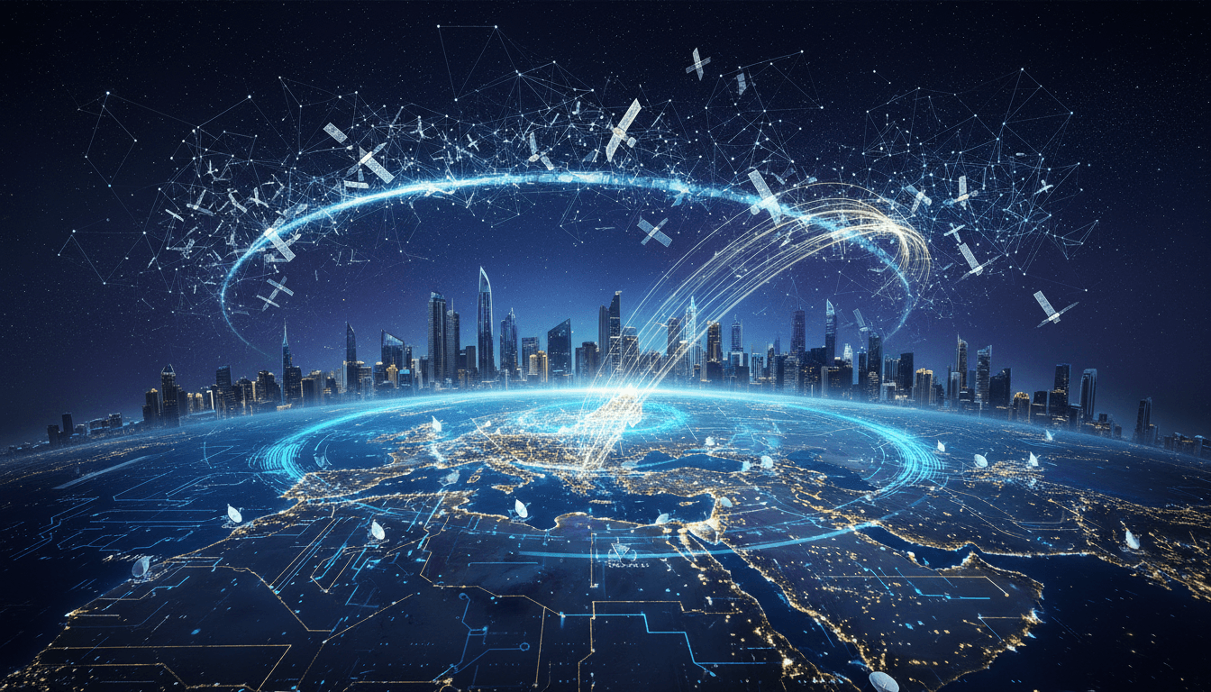 A visual representation of Starlink's satellite network providing broadband services across the UAE.
