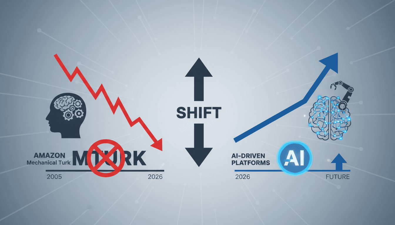 Infographic showing the decline of Amazon Mechanical Turk and the rise of AI-driven platforms.