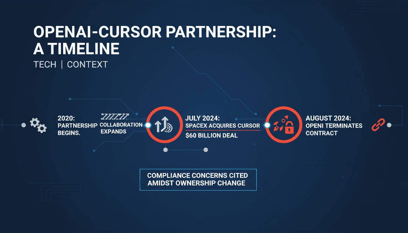 Infographic detailing the OpenAI and Cursor partnership timeline and the $60 billion acquisition by SpaceX.