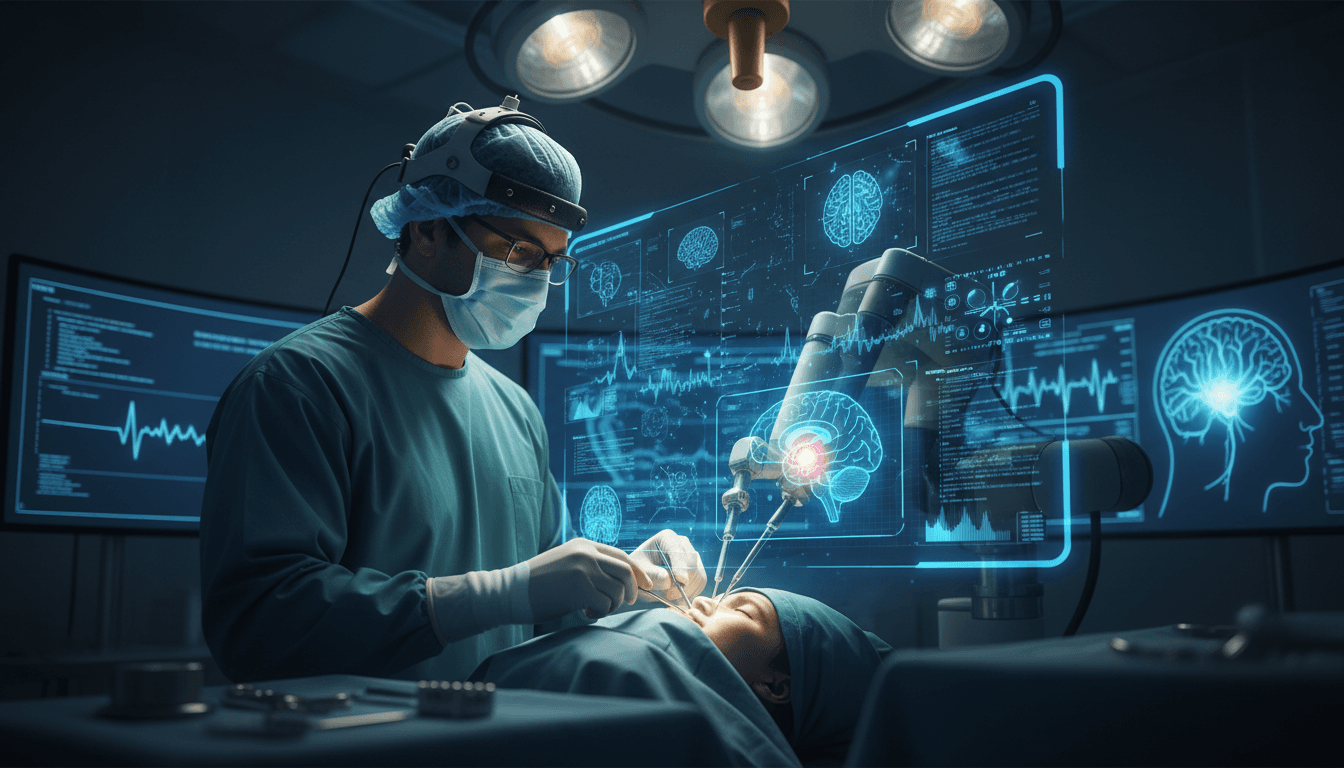 Surgeons performing a brain tumor removal with AI assistance in a modern operating room.