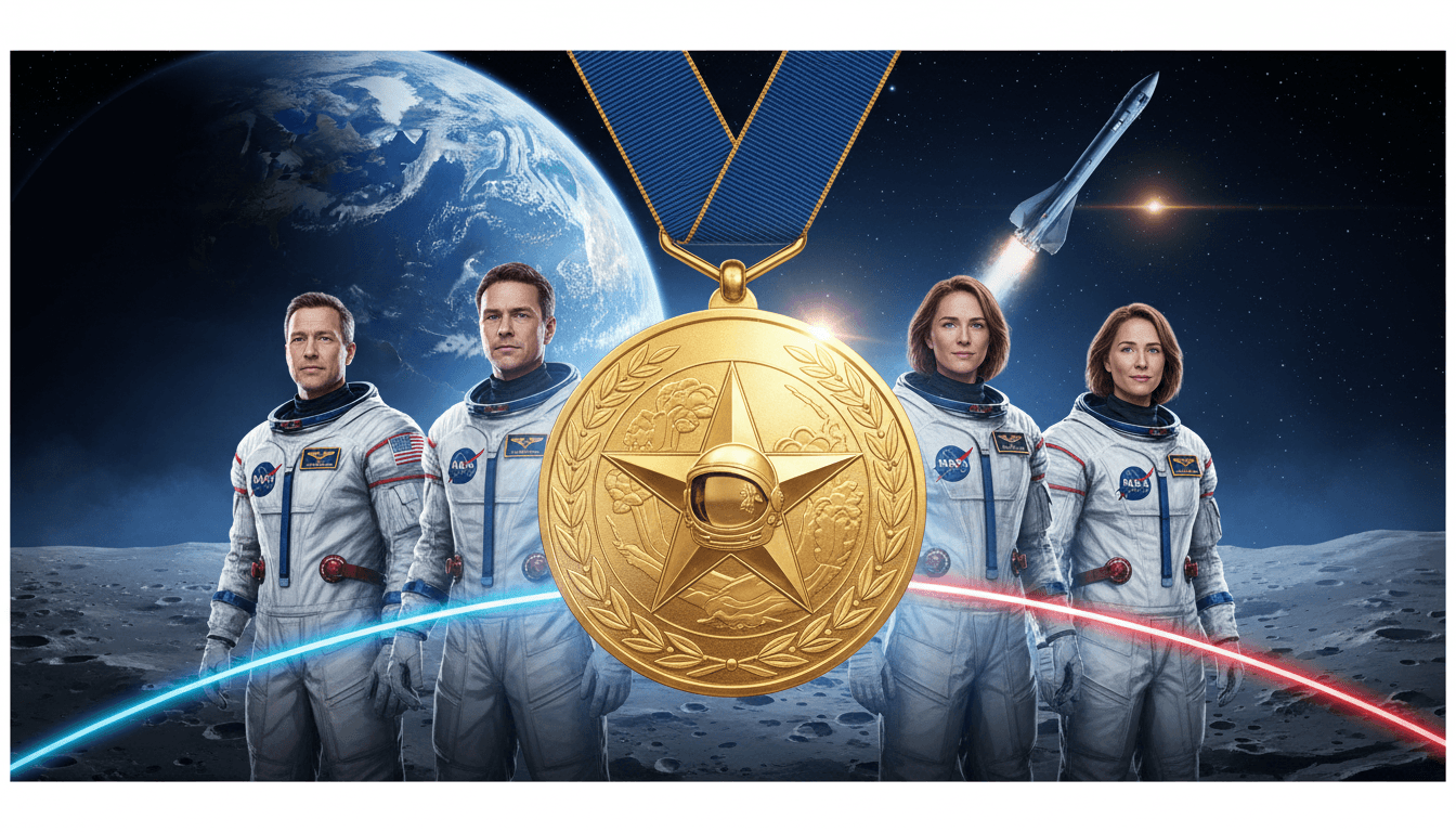 President Trump presenting the Congressional Space Medal of Honor to the Artemis II crew at NASA's Johnson Space Center.