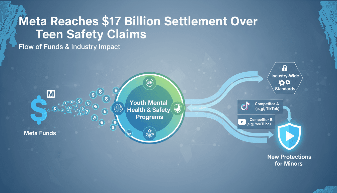 Infographic showing Meta's $17 billion settlement impact on social media safety standards and competitors.