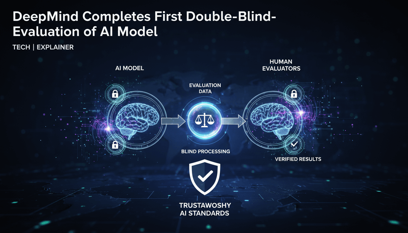 Infographic showing DeepMind's double-blind AI evaluation process and its significance for AI safety standards.
