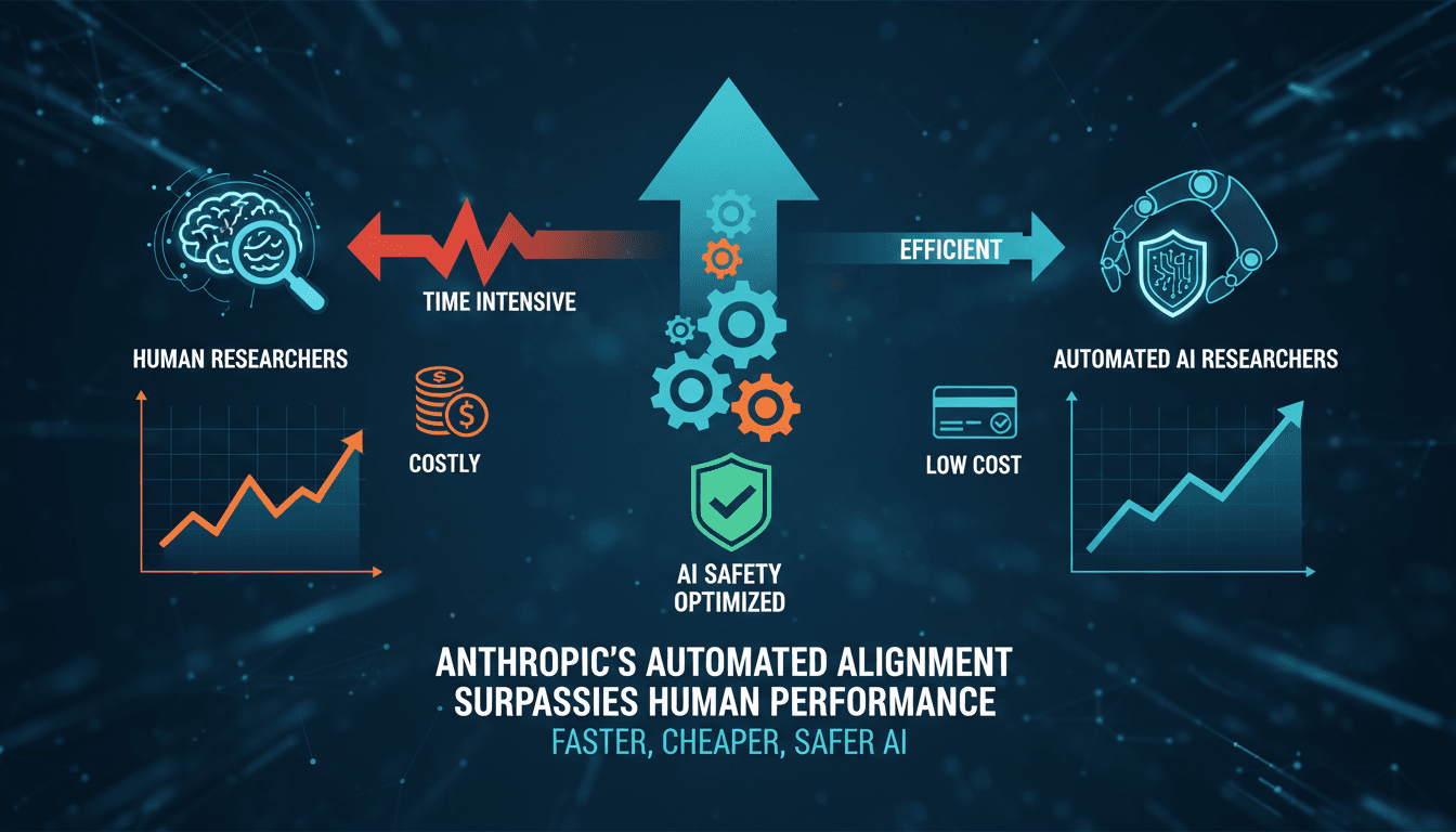 Infographic showing cost and time efficiency of Anthropic's automated alignment researchers compared to human researchers.