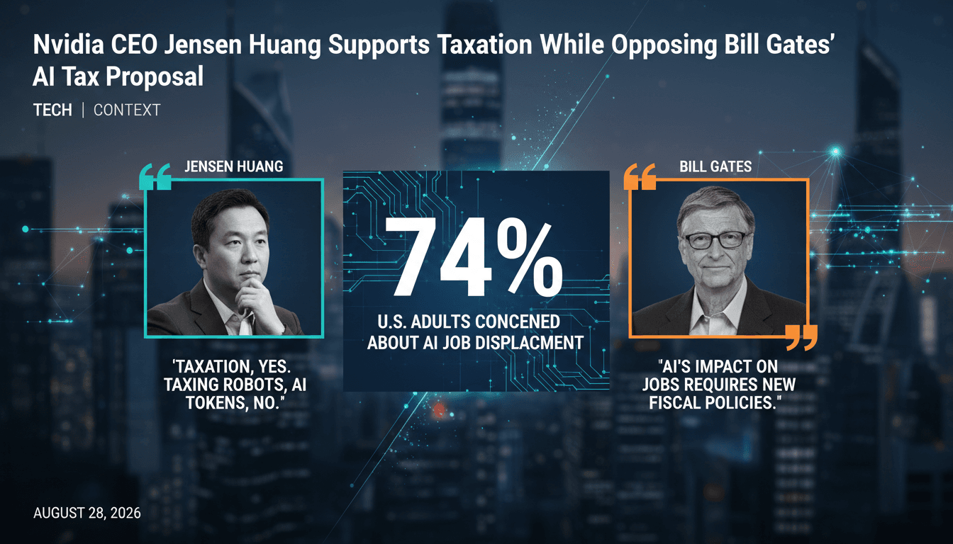 Infographic showing public concern about AI job displacement and quotes from Jensen Huang and Bill Gates.
