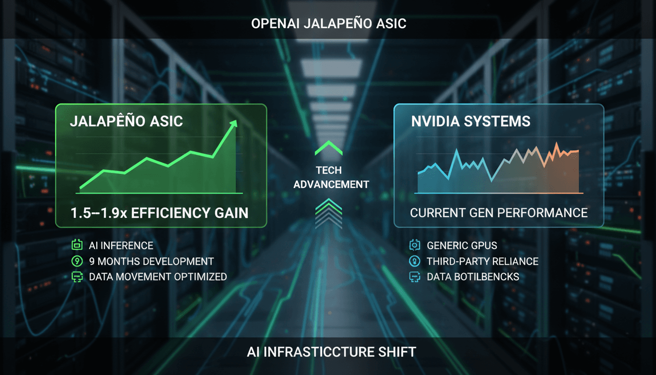 Infographic comparing OpenAI's Jalapeño ASIC efficiency gains with Nvidia systems, showcasing performance metrics.