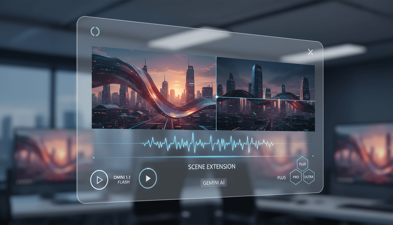 A modern interface of Google’s Gemini Scene Extension showcasing seamless video editing features.