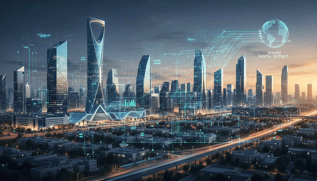 A futuristic view of Riyadh showcasing the new Digital District and its technological ambitions.