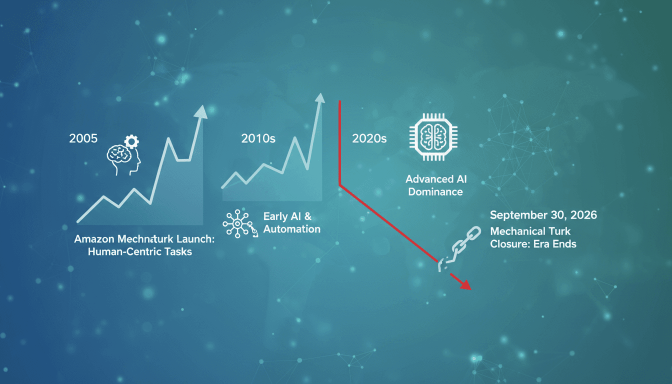 A visual representation of the closure of Amazon Mechanical Turk and its impact on crowdsourcing and AI technologies.