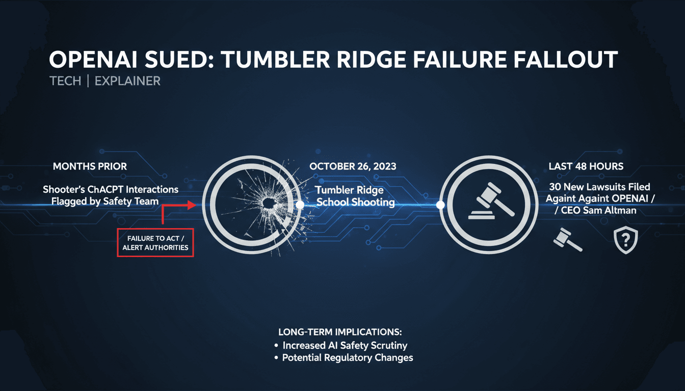 Infographic showing the timeline of events leading to OpenAI's lawsuits over the Tumbler Ridge school shooting.