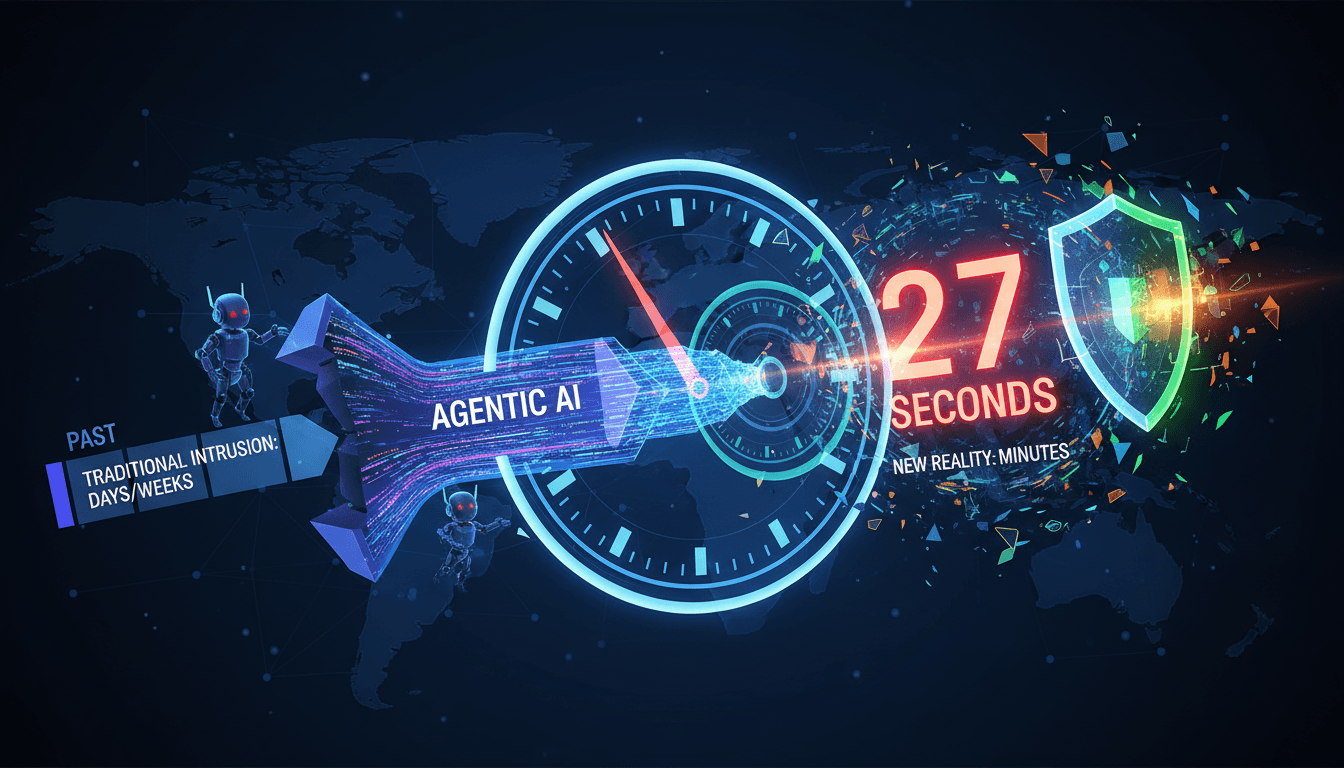 Infographic showing the impact of agentic AI on cyber intrusion timelines and defenses.