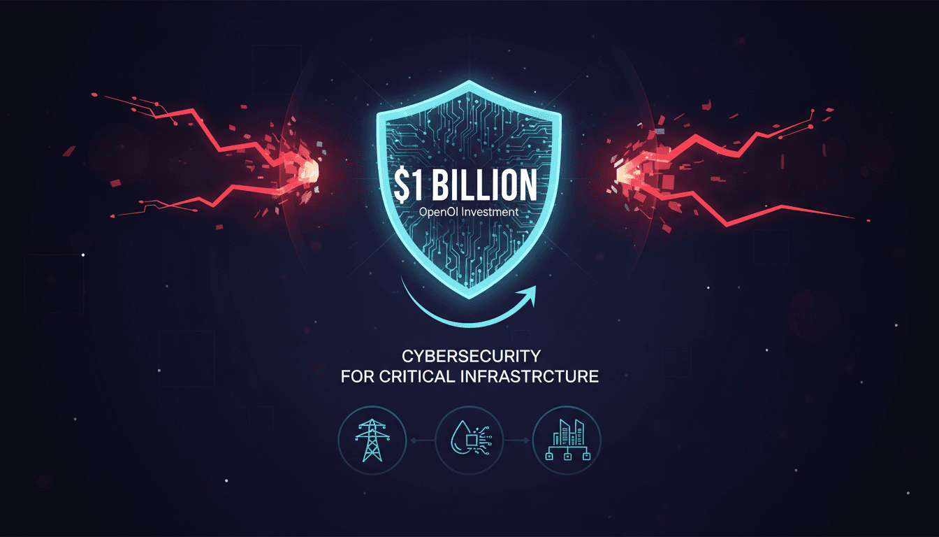 Infographic detailing OpenAI's $1 billion cybersecurity initiative for critical infrastructure.